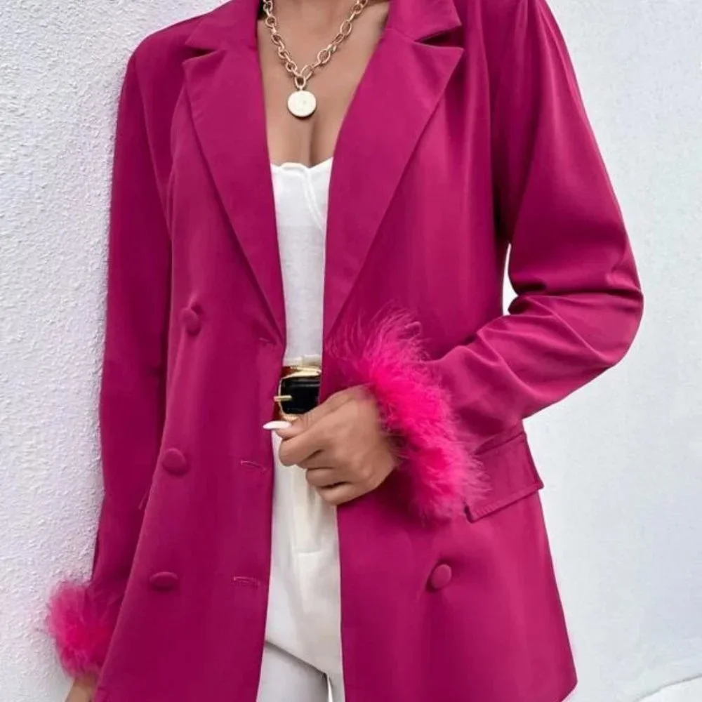 Fuschia Cuff Double Breasted Classic Feather Trimmed Blazer - Picture 3 of 6
